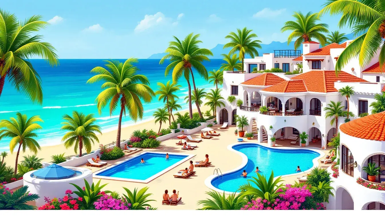 Vista de alojamientos vacacionales en Mazatlán con albercas.