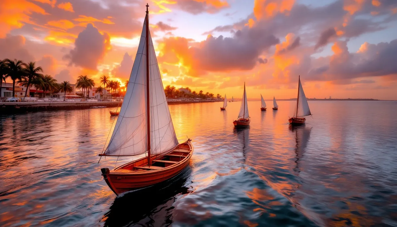 Una imagen que muestra las tradicionales pulmonías de Mazatlán navegando por el malecón al atardecer, con el sol poniéndose en el horizonte y reflejándose en las aguas del mar. Este paisaje captura la esencia de la vida costera en la ciudad, invitando a disfrutar de unas vacaciones en "la perla del pacífico".