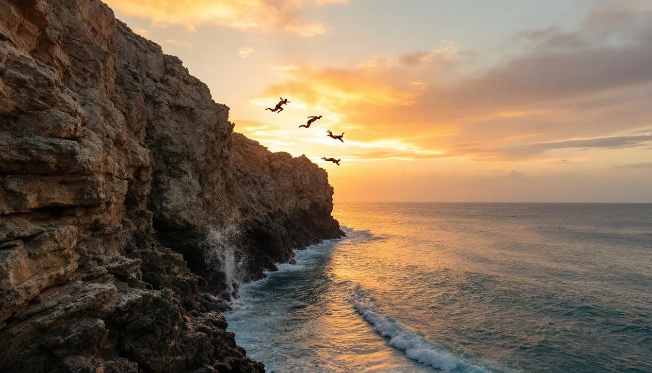 En la imagen se pueden ver clavadistas saltando desde los acantilados de Mazatlán al atardecer, con el sol tiñendo el horizonte de tonos anaranjados y rosados. La escena captura la belleza de la costa y la emoción de este deporte en "La Perla del Pacífico", un destino ideal para disfrutar de las playas y la vida marina.