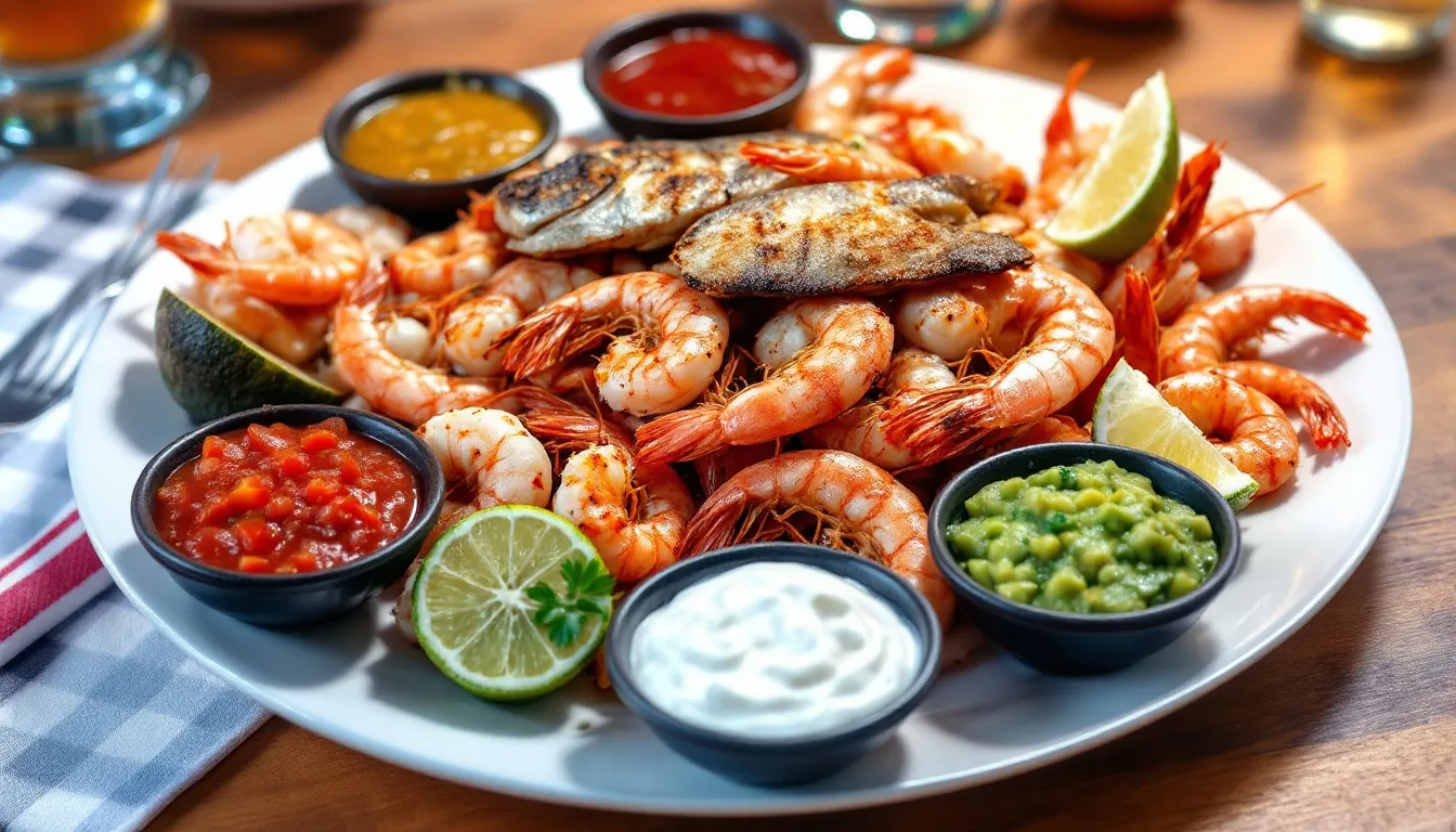 Un colorido platillo de mariscos frescos típico de Mazatlán, que incluye camarones y pescado, acompañado de salsas tradicionales. Este manjar refleja la rica gastronomía de la costa sinaloense, ideal para disfrutar en las playas de la ciudad.