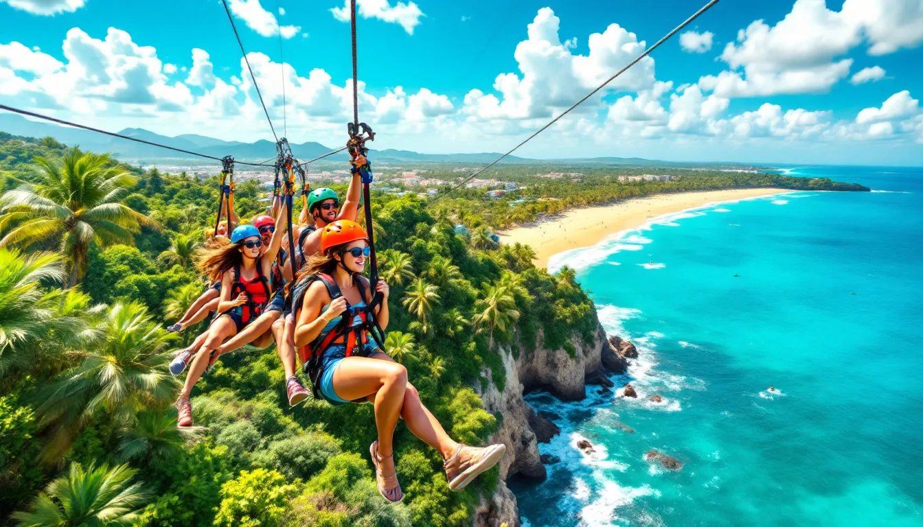 Personas disfrutando de la experiencia en tirolesas en Mazatlán.