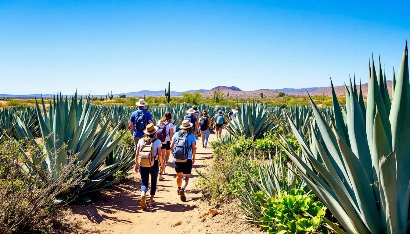 Un grupo de personas camina a través de un campo de agave durante un tour en Mazatlán, disfrutando de la belleza natural del lugar y aprendiendo sobre la historia de esta planta emblemática. La experiencia incluye la visita a diferentes destinos y actividades relacionadas con la cultura local.